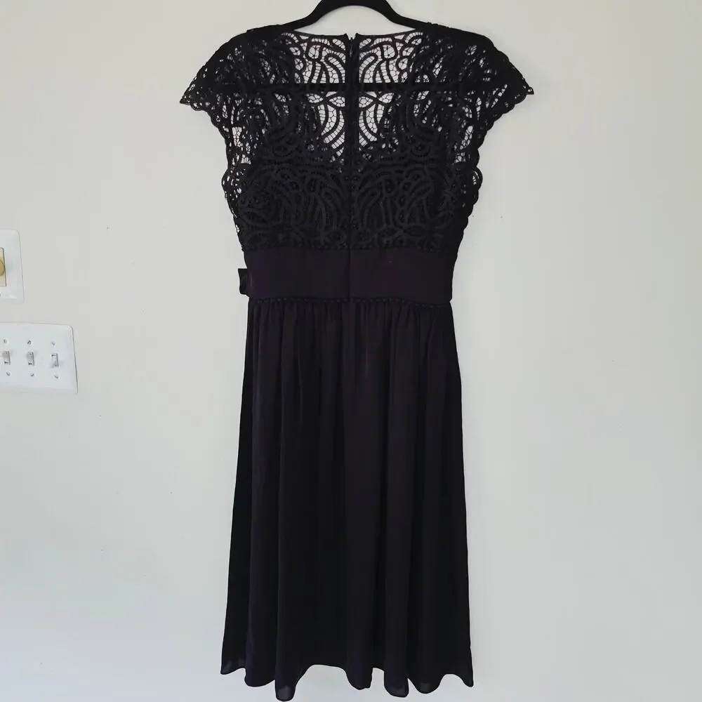 Kate Spade Macrame Black Lace Silk Midi Dress Belt Tie Women's Size 2